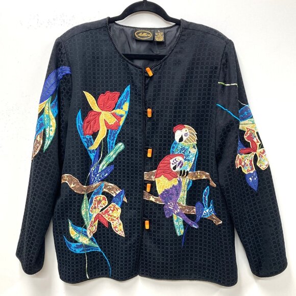 Allure Black Jacket, Size Large, Embroidered Applique Tropical Birds‎ Flowers - Picture 1 of 14